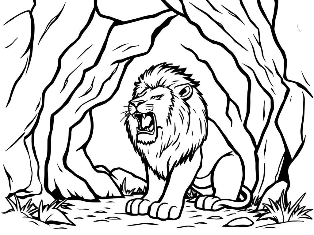 a cave with a big male lion in there roaring outside realistic - Free Printable Coloring Page