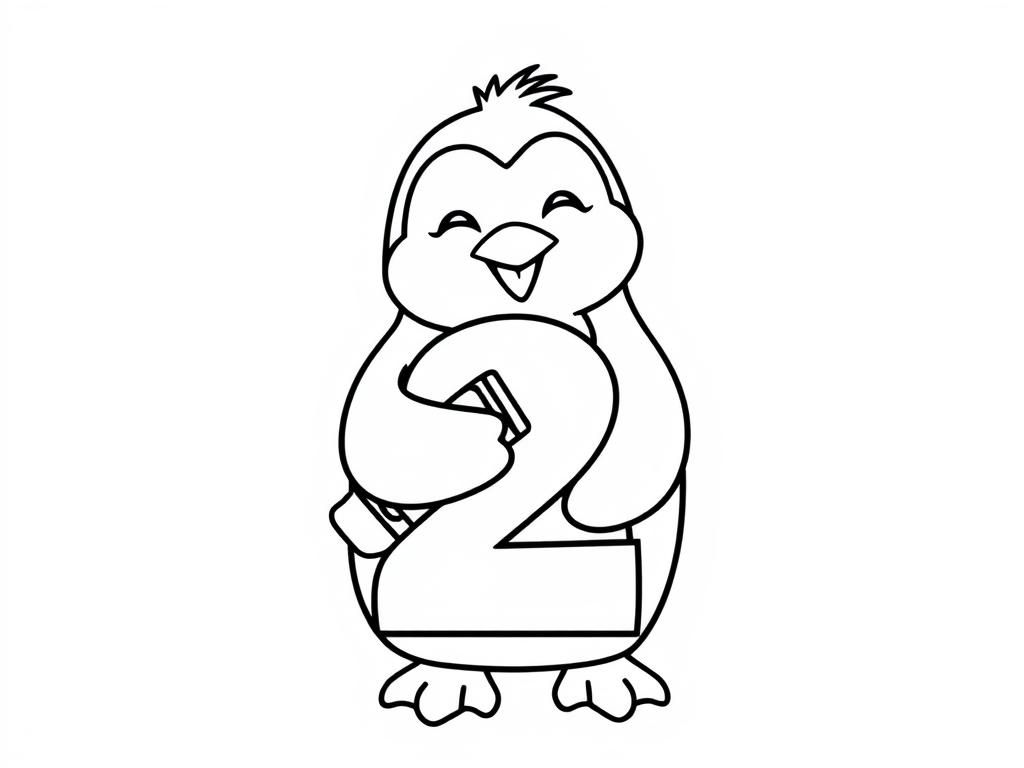 Coloring Page of a Penguin Holding a Number Two