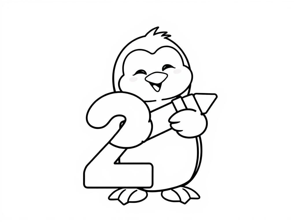 Preview of A cheerful penguin hugging the number 2, with the end of the two forming the tip of a crayon