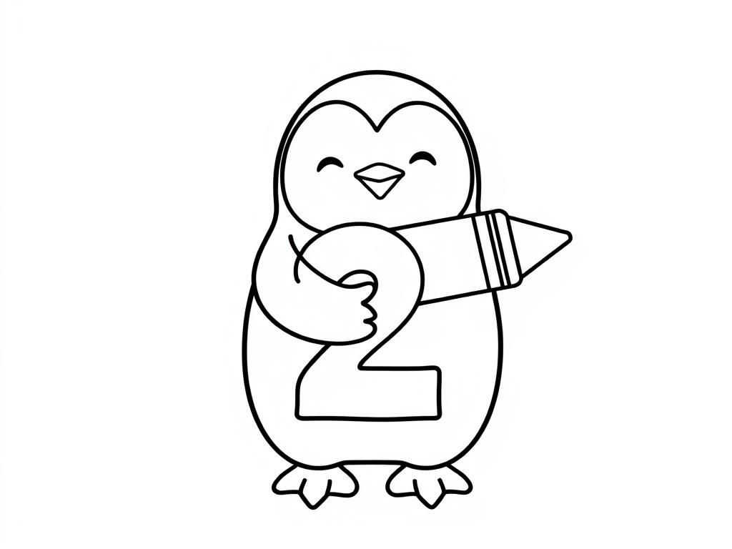 Preview of A cheerful penguin hugging the number 2, with the end of the two forming the tip of a crayon