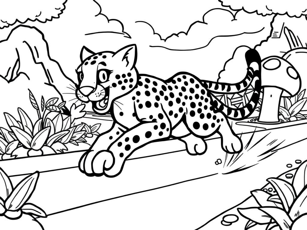 Preview of A cheetah running on a Mario kart track (where you can see piranha plants and a mushroom). You can’t see a kart.