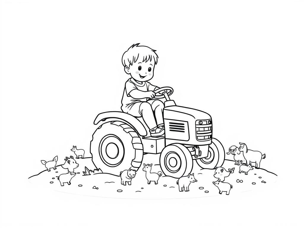 Preview of A child happily playing on a toy tractor in a sandbox filled with tiny farm animals