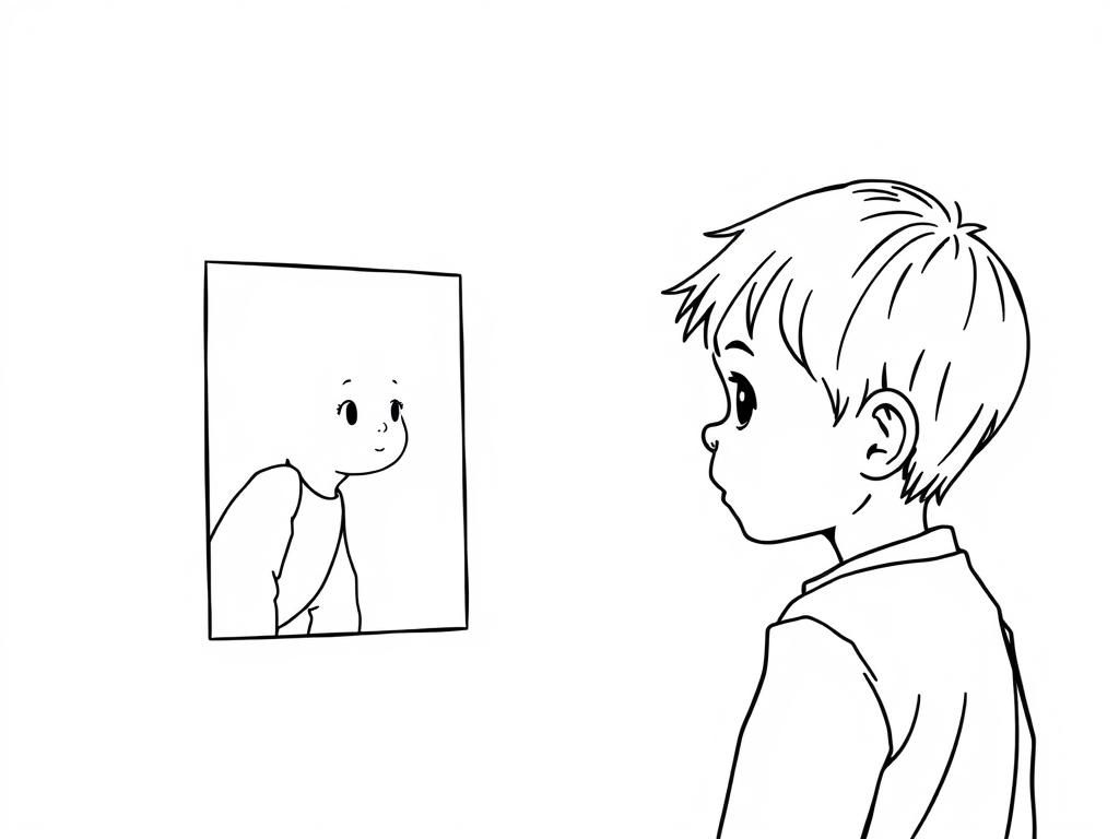 a child looking at picture of anpther child looking at picture of another child