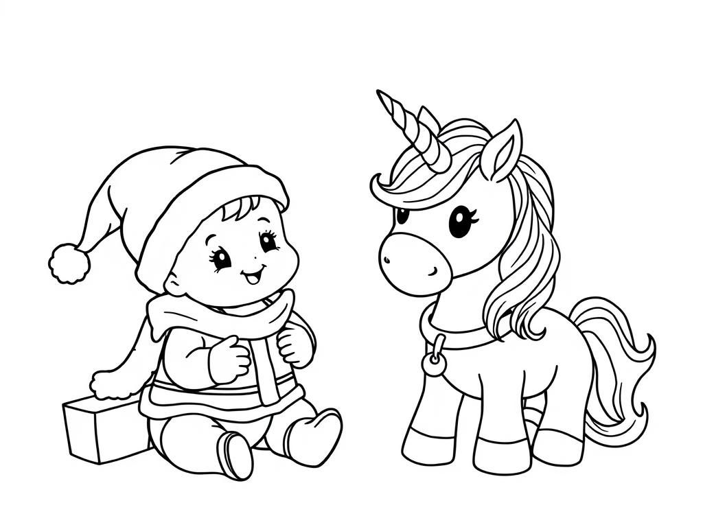 Kind en Eenhoorn Kerst Kleurplaat