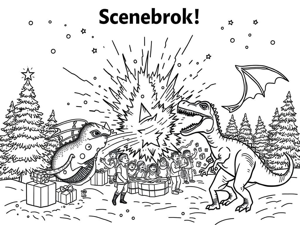 Preview of A christmas scene with an explosion and dragons and a t-rex and people are screaming with above a title that says "Scenebrook!"