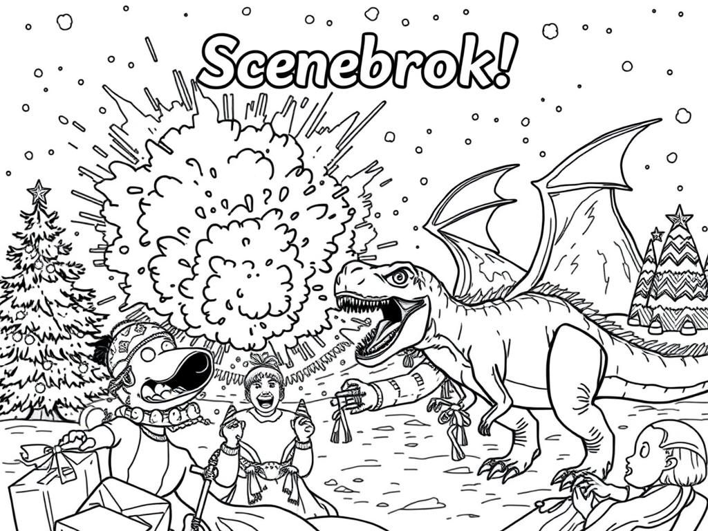 A christmas scene with an explosion and dragons and a t-rex and people are screaming with above a title that says "Scenebrook!"