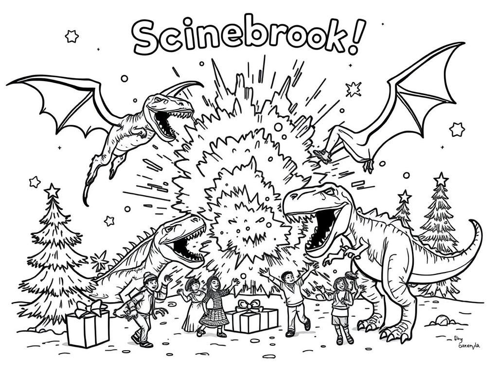 Preview of A christmas scene with an explosion and dragons and a t-rex and people are screaming with above a title that says "Scenebrook!"