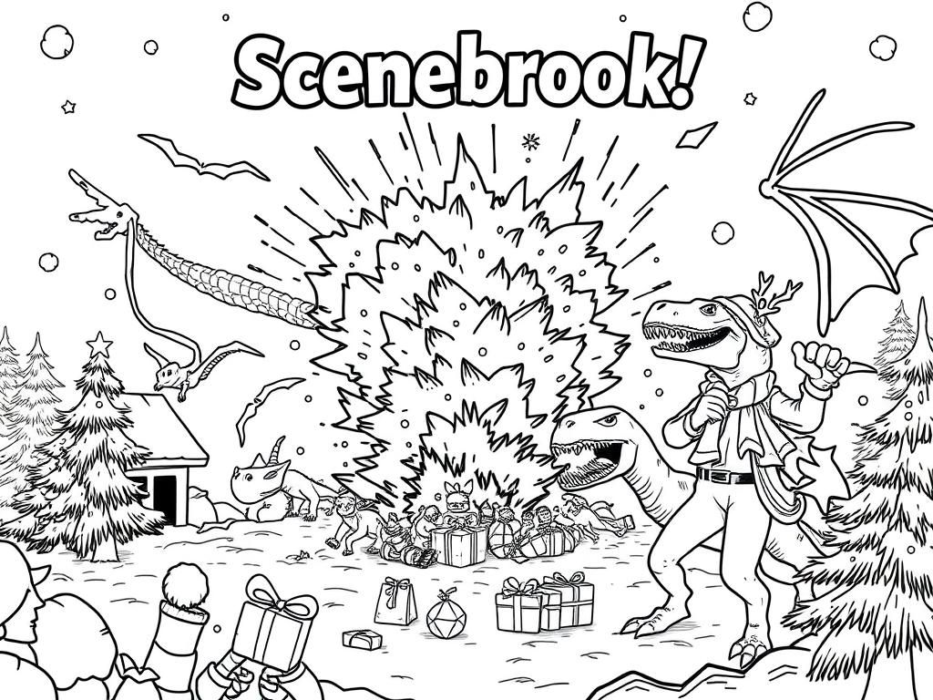 Preview of A christmas scene with an explosion and dragons and a t-rex and people are screaming with above a title that says "Scenebrook!"