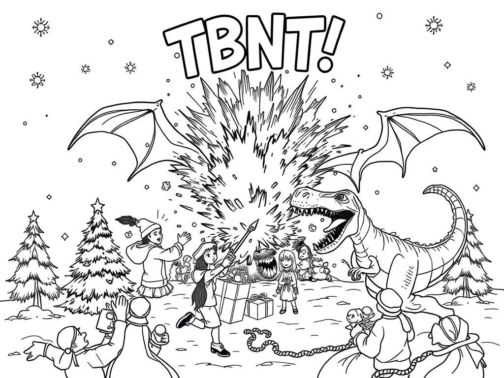 A christmas scene with an explosion and dragons and a t-rex and people are screaming with above a title that says "TBNT!"