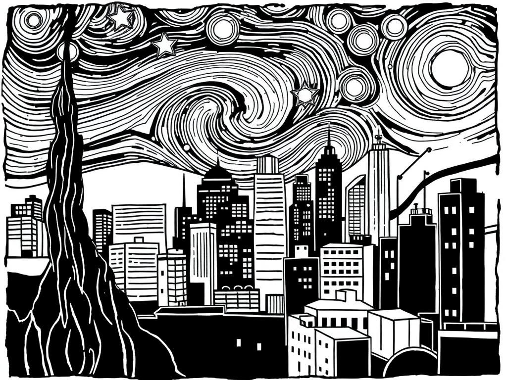 a cityscape in the style of rembrant starry night as a linoleum print