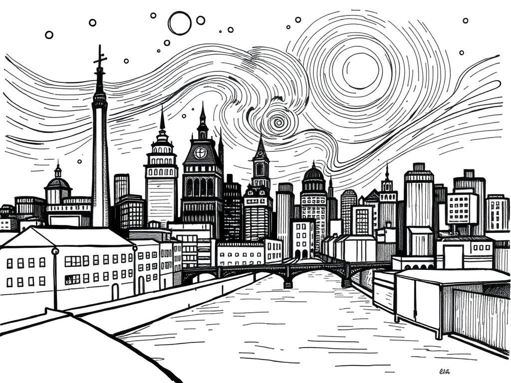 Coloring Page of a Nighttime Cityscape