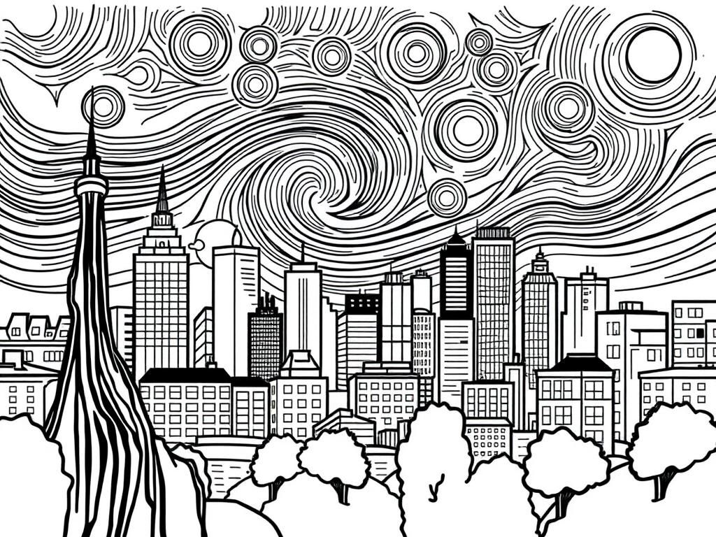 Starry Night City Coloring Page