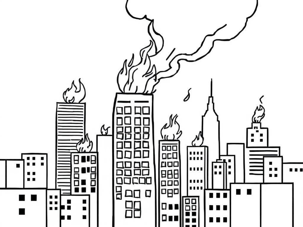 Coloring Page of a City Skyline with Burning Buildings