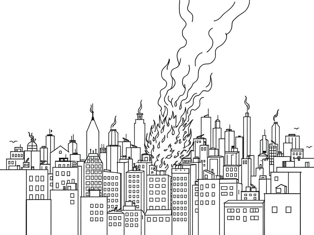 a cityscape with buildings falling down on fire in the style of an engraving