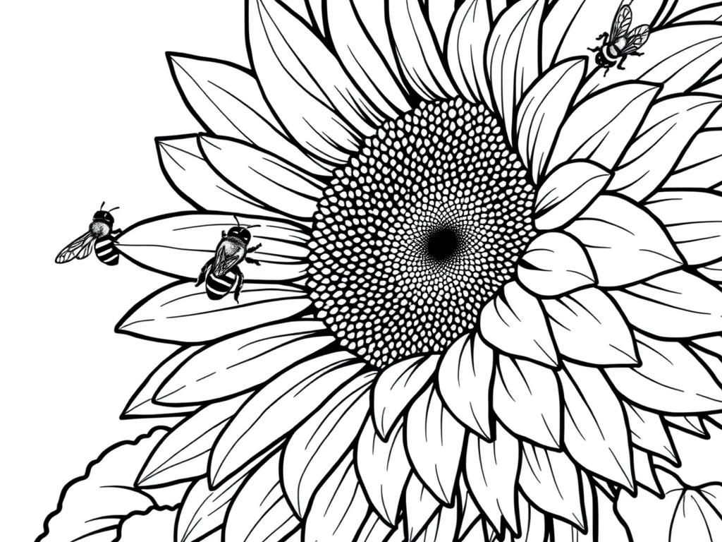 Preview of A close-up of a blooming sunflower with bees buzzing around it.