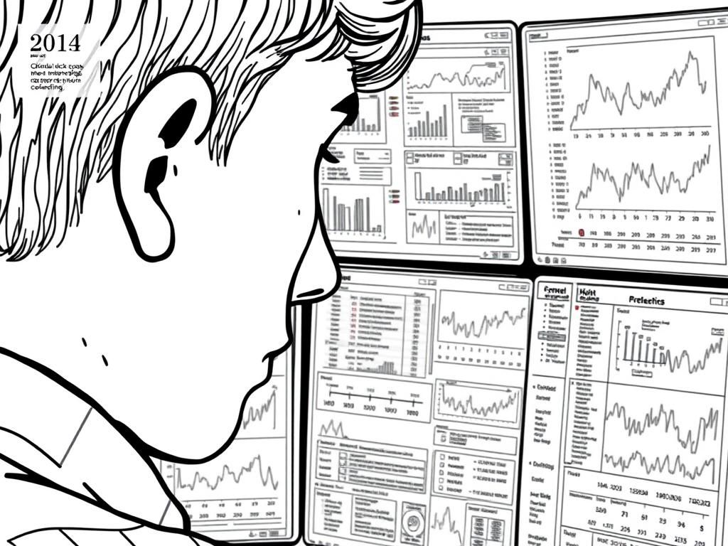 Preview of A close-up of a person looking at multiple screens with various data streams, graphs, and charts. The screens are filled with a mix of text, images, and colors, conveying the complexity of the data.