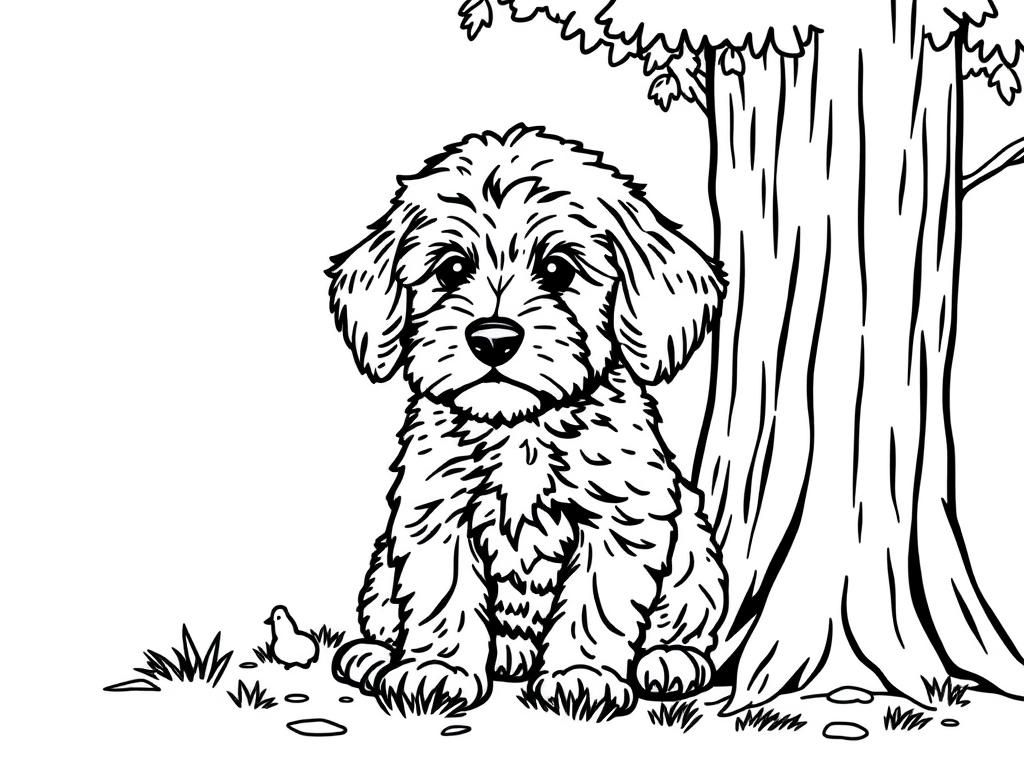 Preview of A cockapoo puppy sitting next to a tree.