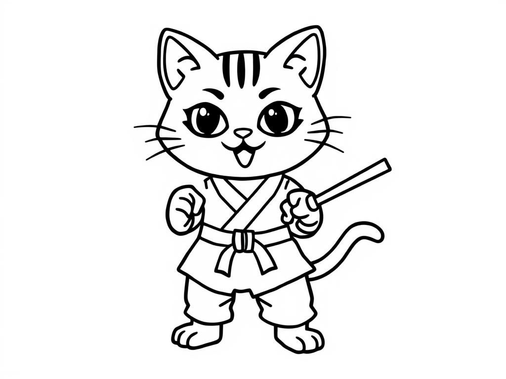 Preview of A coloring padge of a karate cat that is less realistic and more cartoonic