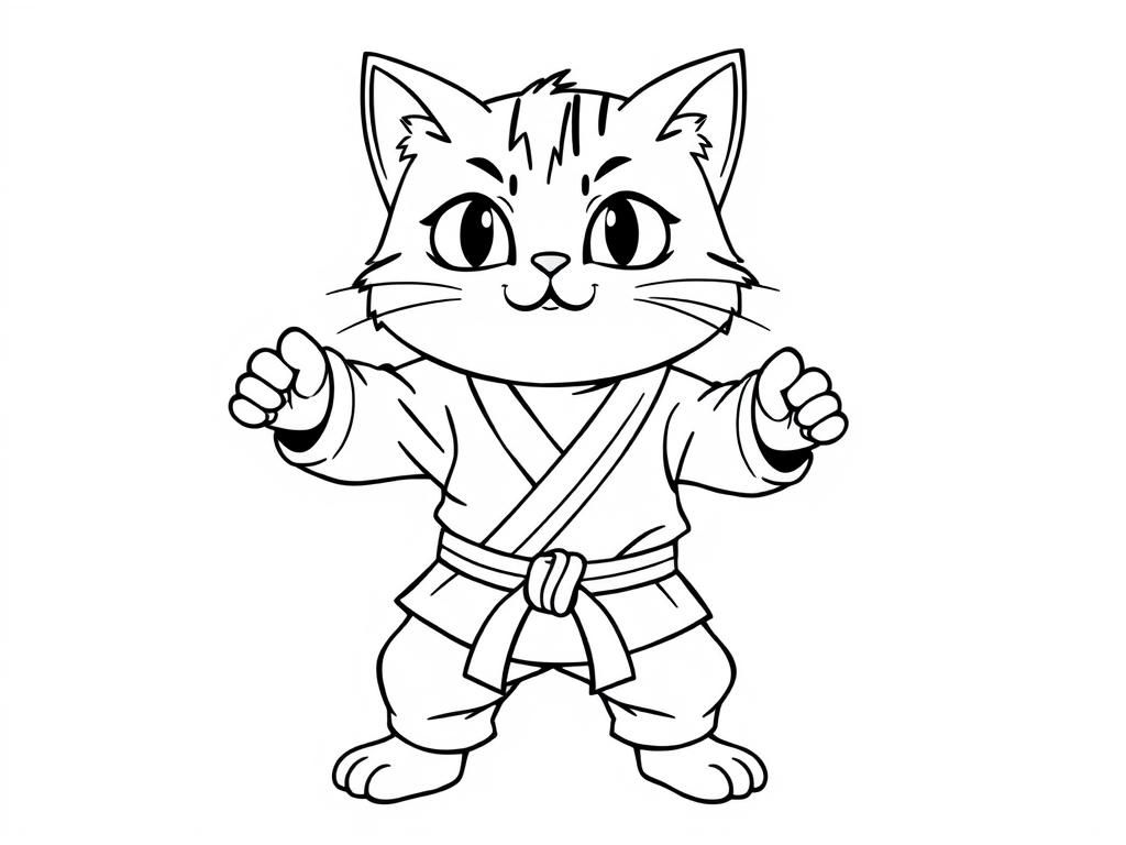 Preview of A coloring page of a karate cat that is a little realistic and less cartoonic