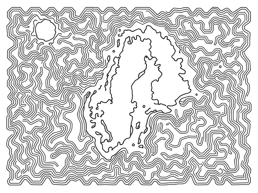 A complex maze of shapes that when coloured form a map of an archepelago