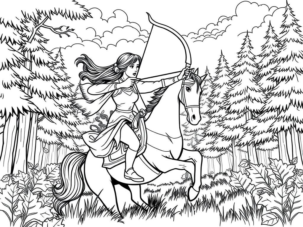 Preview of A complex scenery or a shouting female archer, dashing ahead on a horse, towards a forrest