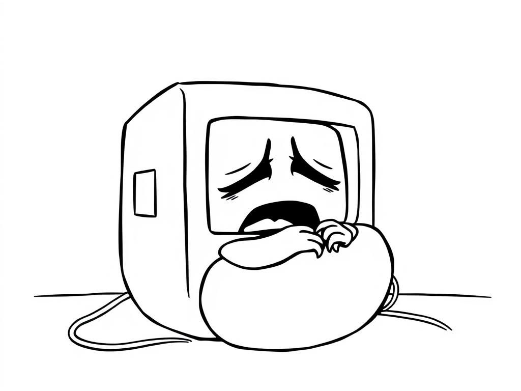 Preview of a computer crying and curling in a ball, with a code editor in the background