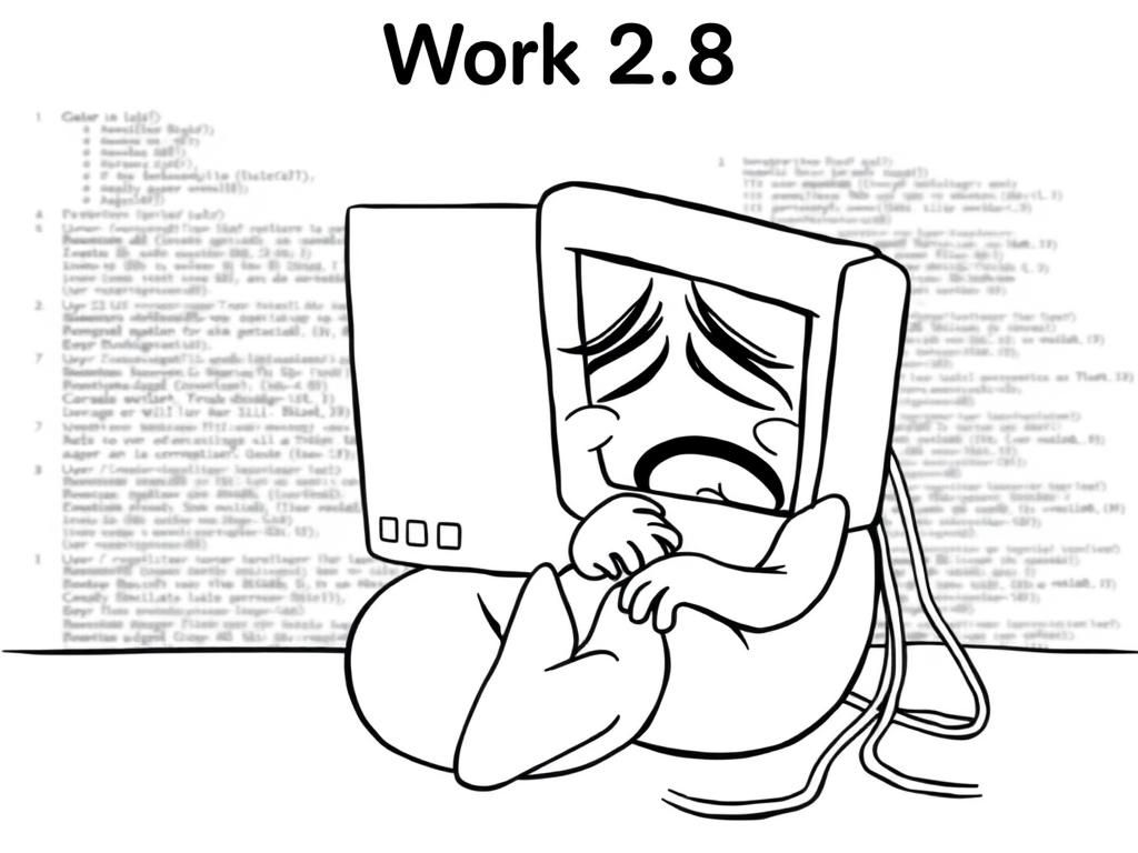 a computer crying and curling in a ball, with lines of code in a code editor in the background, and a title saying "Work 2.8"