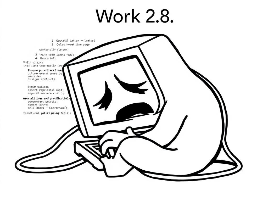 Preview of a computer crying and curling in a ball, with lines of code in a code editor in the background, and a title saying "Work 2.8"