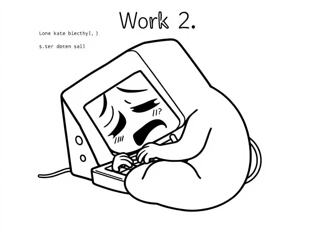 a computer crying and curling in a ball, with lines of code in a code editor in the background, and a title saying "Work 2.8"