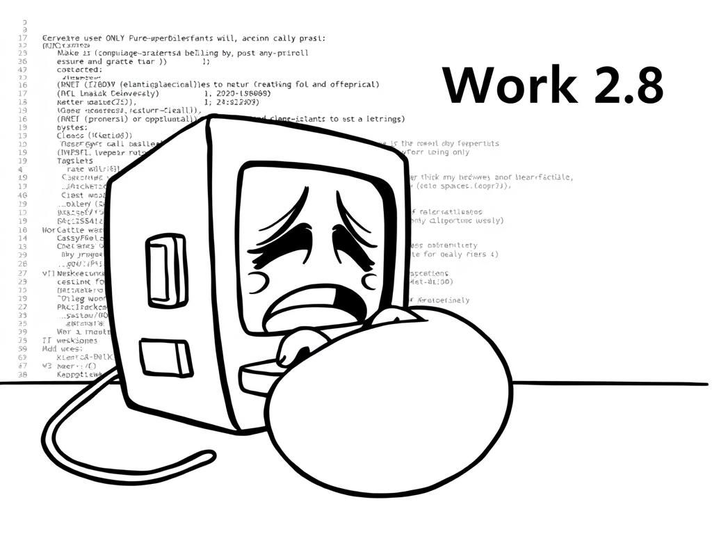 Preview of a computer crying and curling in a ball, with lines of code in a code editor in the background, and a title saying "Work 2.8"