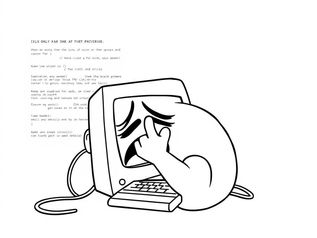 a computer crying and curling in a ball, with lines of code in a code editor in the background, middle-finger to the watcher