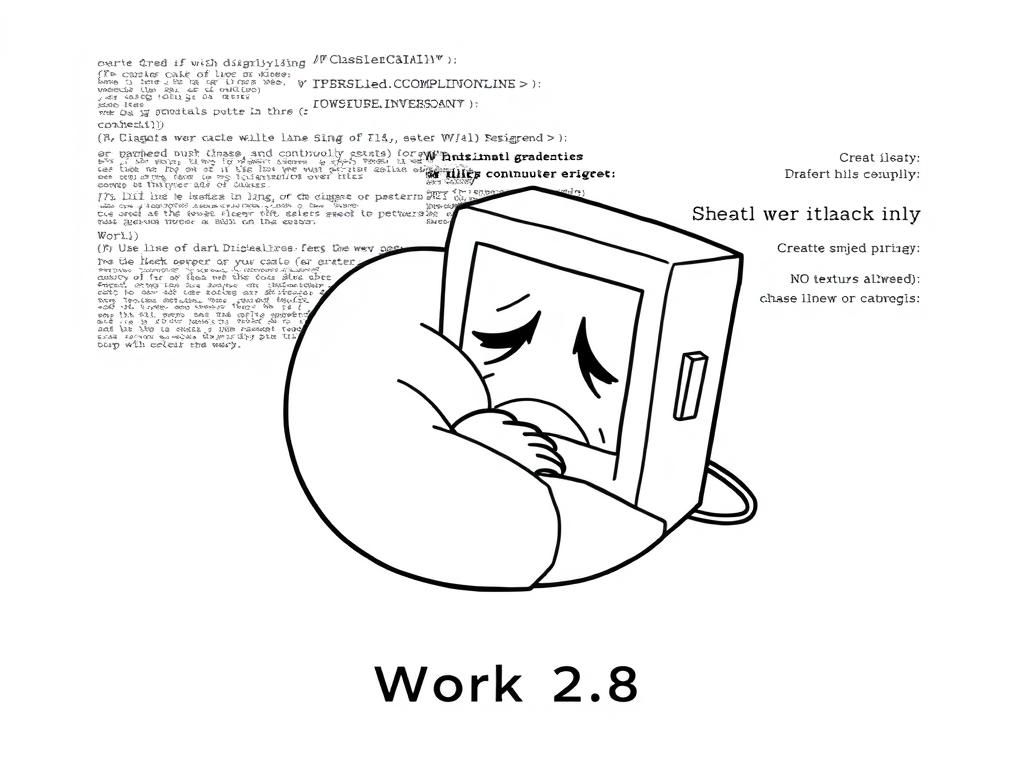 a computer  curling in a ball and crying, with lines of code in a code editor in the background, and a title saying "Work 2.8"