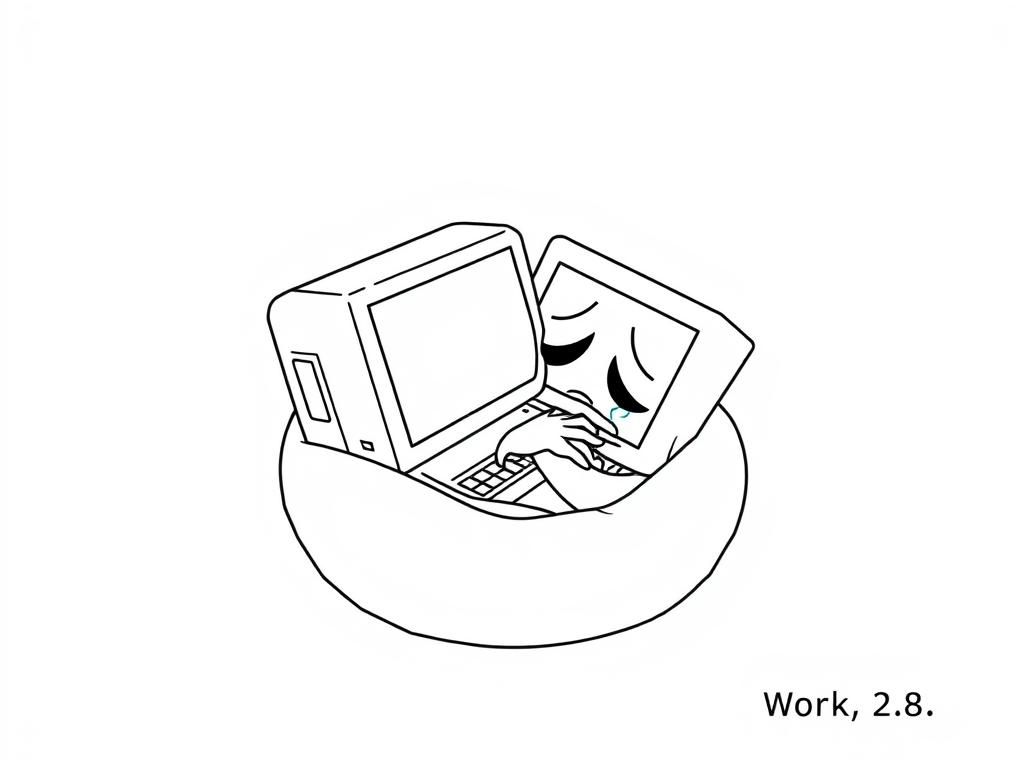 Preview of a computer  curling in a ball and crying, with lines of code in a code editor in the background, and a title saying "Work 2.8"