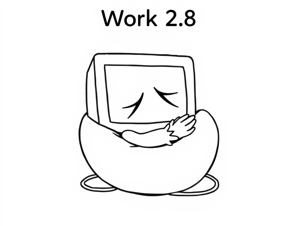 Preview of a computer  curling in a ball and crying, with lines of code in a code editor in the background, and a title saying "Work 2.8"