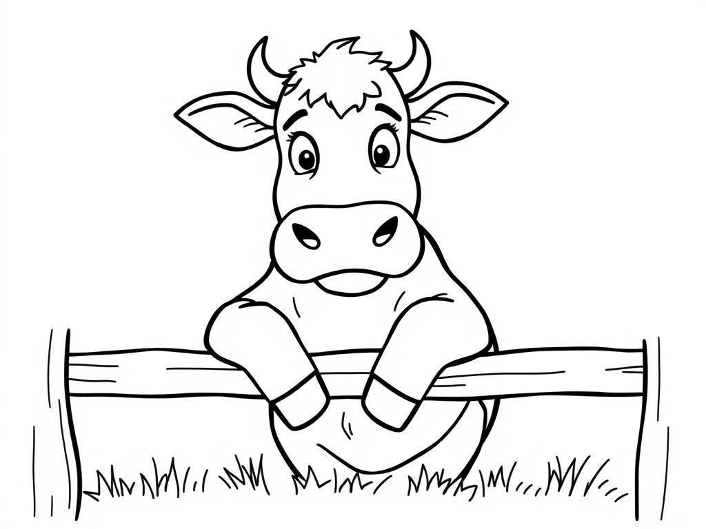 Preview of a concerned cow with front legs folded leaning on a fence rail