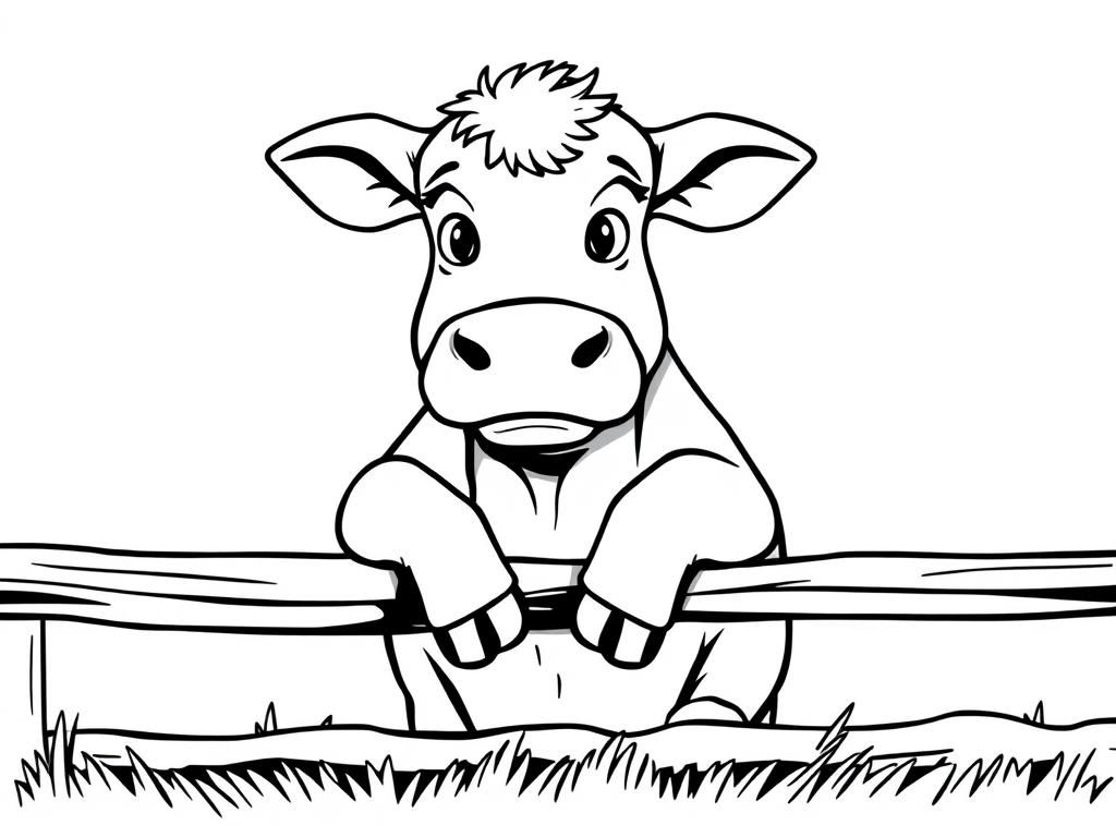 Preview of a concerned cow with front legs folded leaning on a fence rail