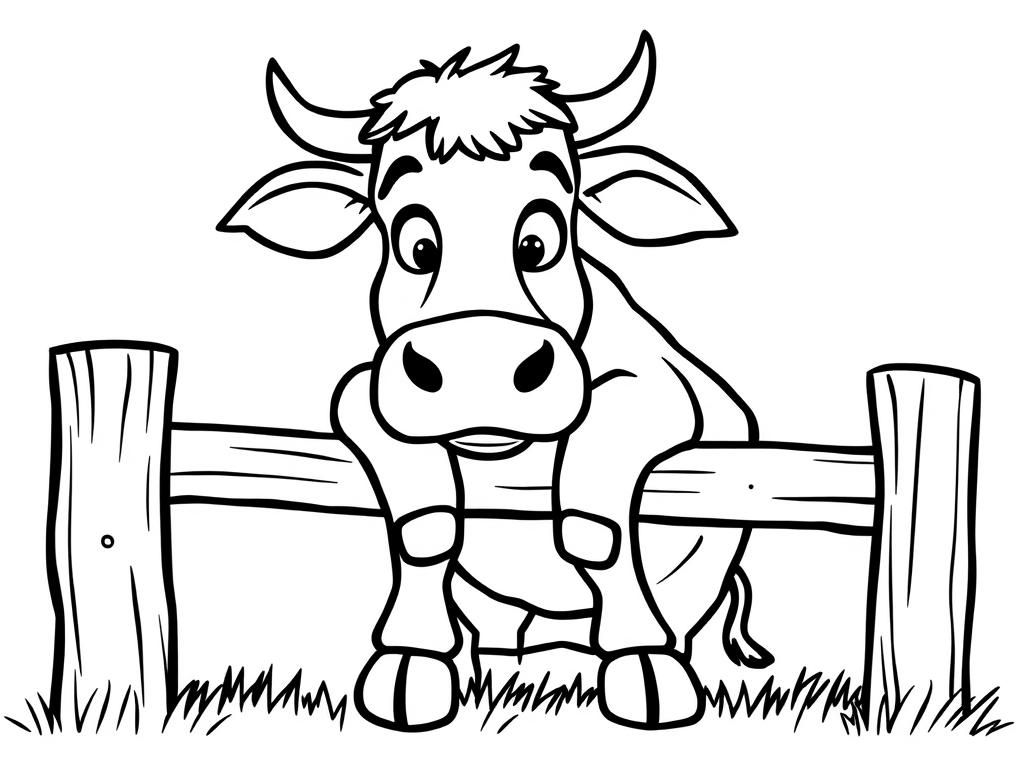 Preview of a confused cow with front legs folded leaning on a fence rail