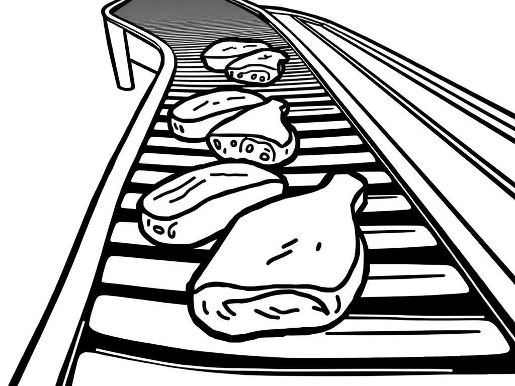 a conveyor belt  with meat on it
