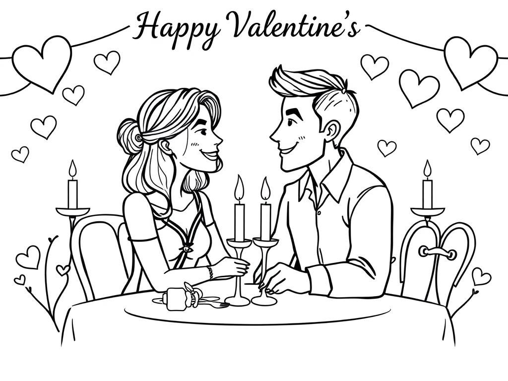 A couple enjoying a candlelit dinner with heart decorations in the background, a romantic Valentines Day coloring page