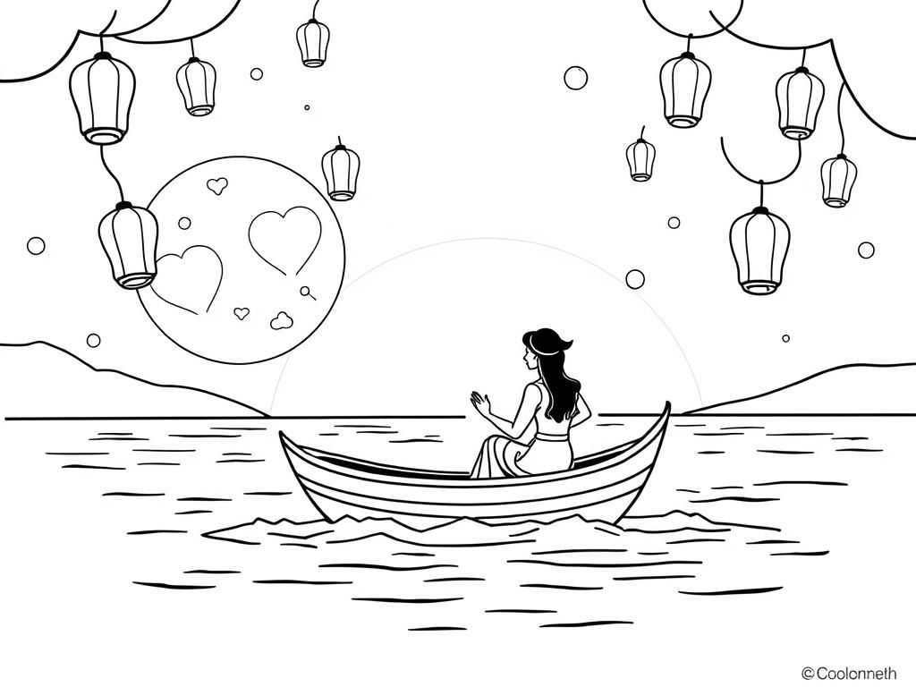 Preview of A couple on a moonlit boat ride coloring page, surrounded by glowing lanterns floating in the air.