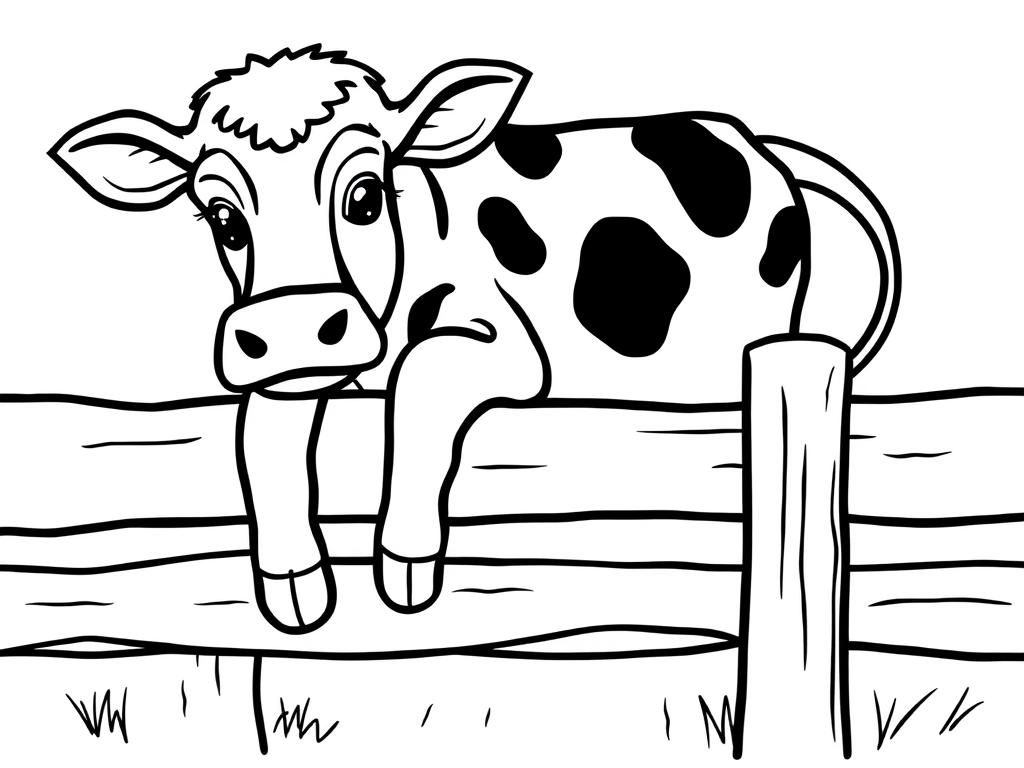 Preview of a cow with front legs folded leaning on a fence rail