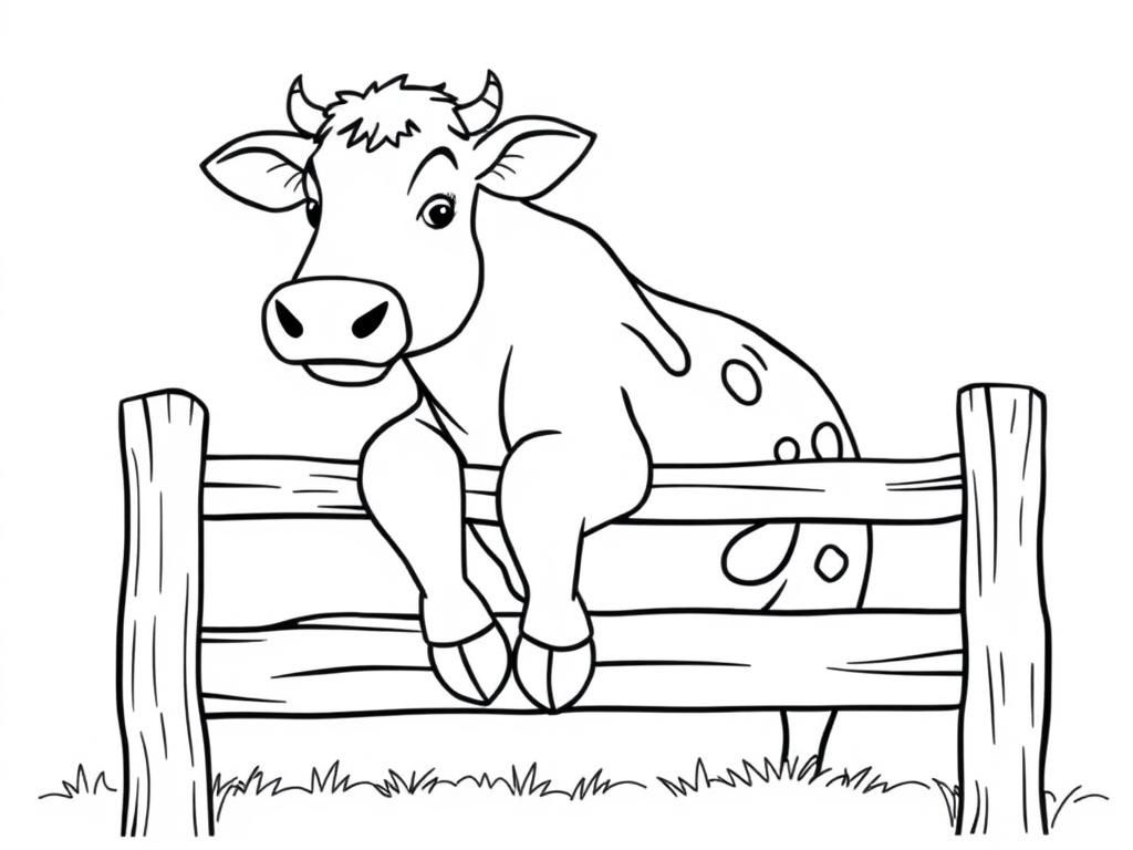 Preview of a cow with front legs folded leaning on a fence rail