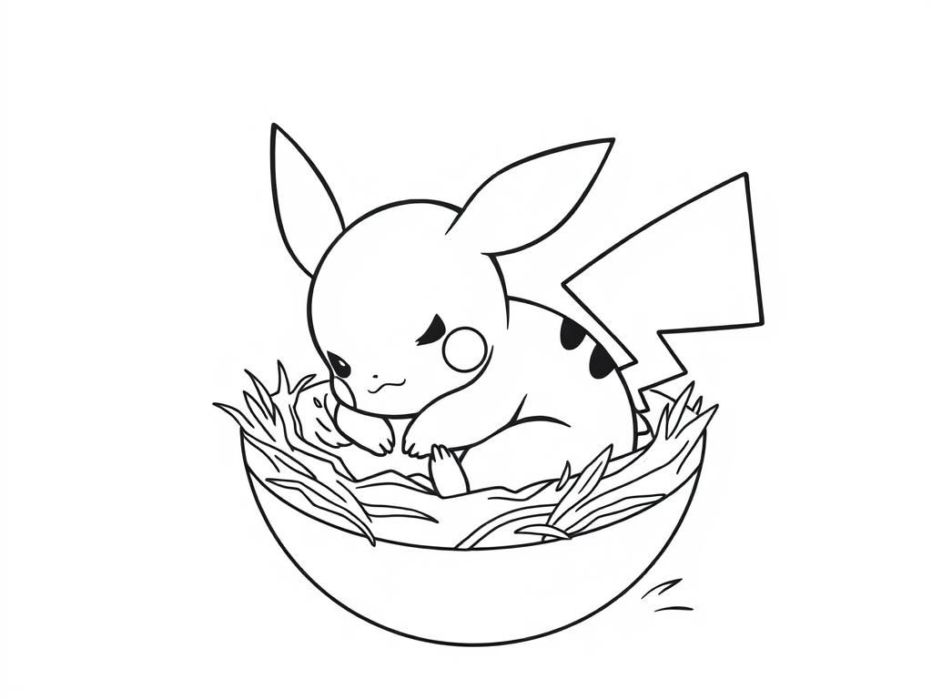 Preview of A cozy baby pikachu coloring pages design featuring Baby Pikachu curled up inside a Poké Ball like a tiny nest