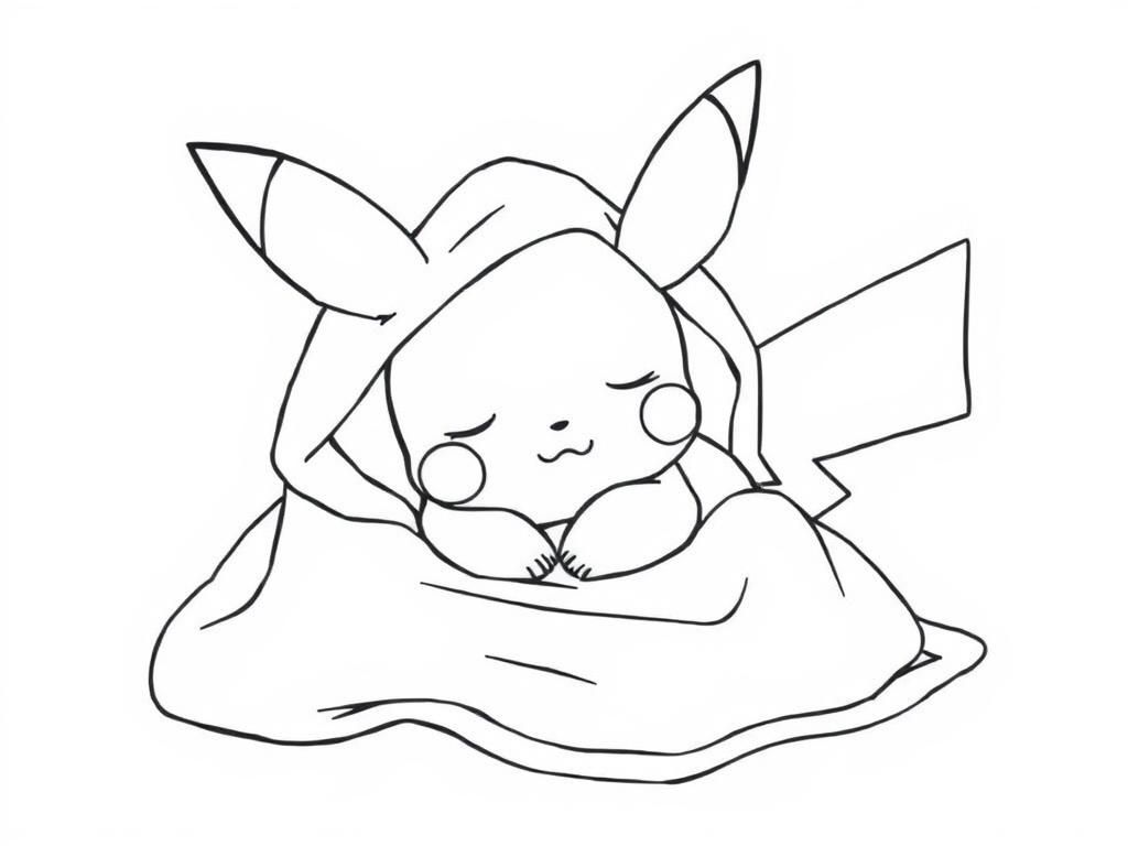 Preview of A cozy baby pikachu coloring pages design featuring Baby Pikachu sleeping under a tiny blanket.