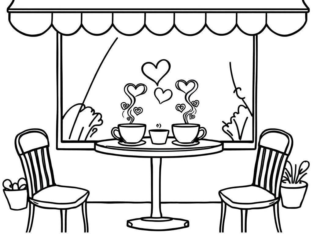 A cozy café coloring page with a table set for two, heart-shaped steam rising from the coffee cups. - Valentines Day Coloring Page