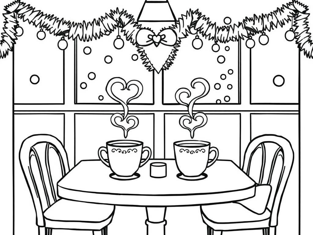 A cozy café coloring page with a table set for two, heart-shaped steam rising from the coffee cups in christmas - Free Printable Coloring Page