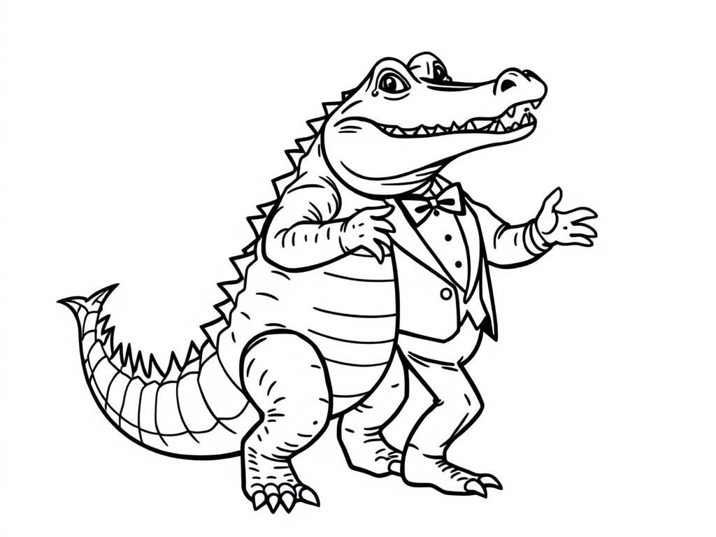 A crocodile dancing with an alligator wearing a tuxedo.