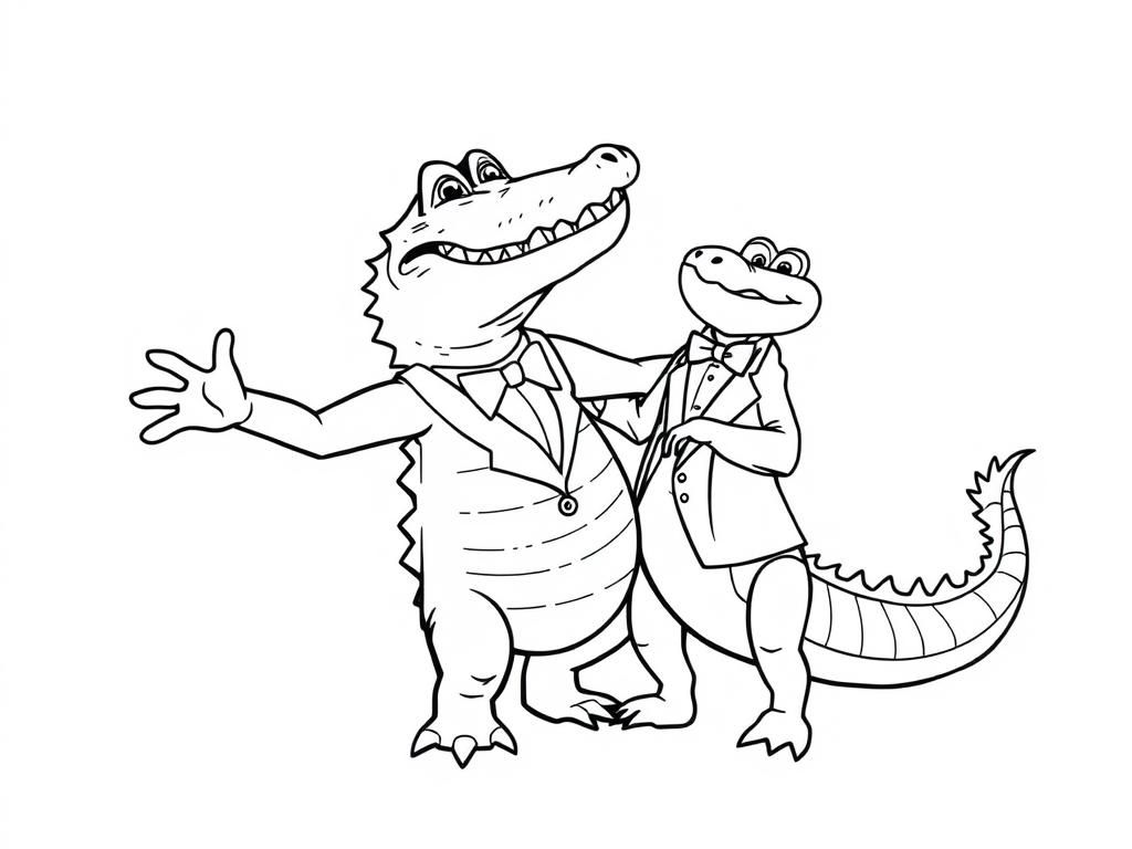 A crocodile dancing with an alligator wearing a tuxedo.