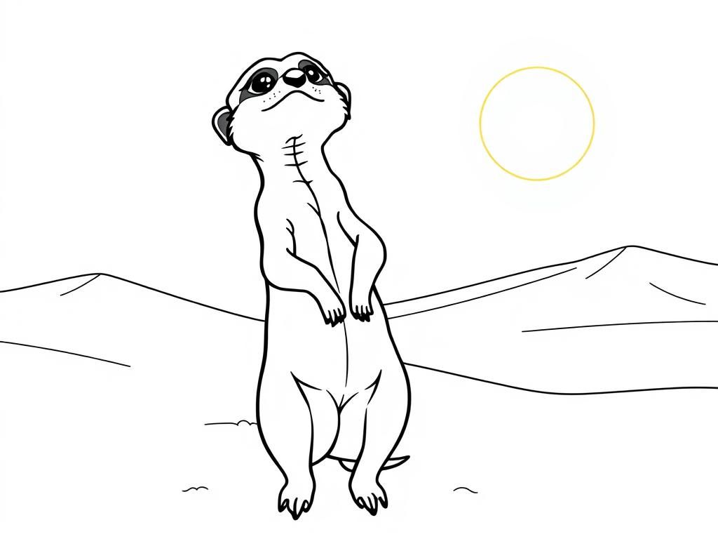 "A curious meerkat standing on its hind legs. Background: a soft pastel desert with sand dunes and a glowing sun." - Free Printable Coloring Page