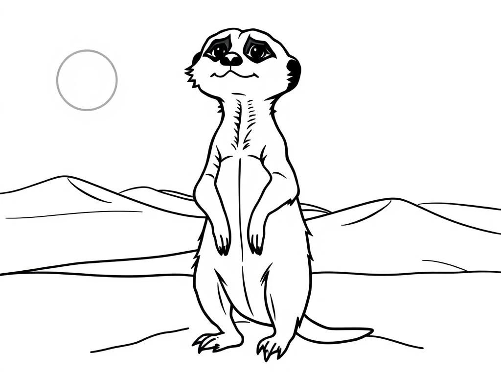 "A curious meerkat standing on its hind legs. Background: a soft pastel desert with sand dunes and a glowing sun." - Free Printable Coloring Page